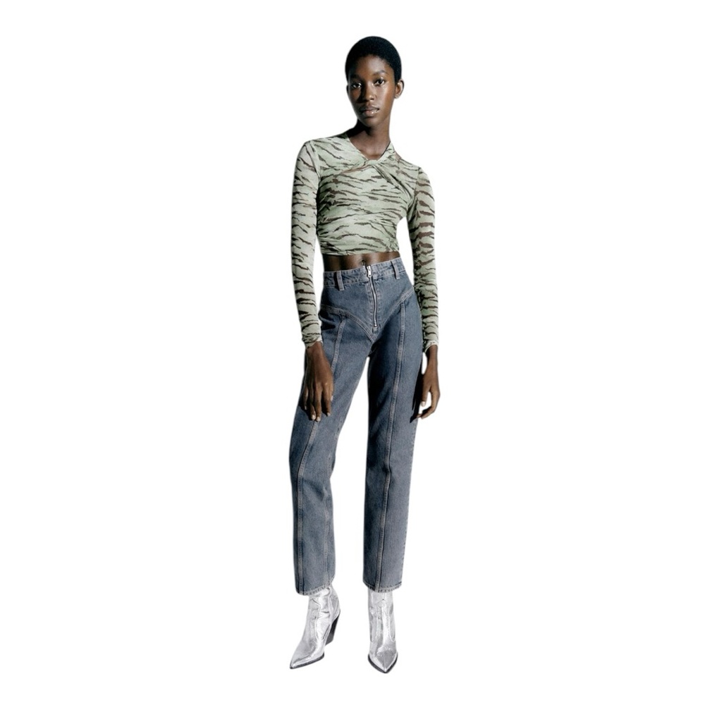 Zara Green Zebra Print Tulle Top Size XS